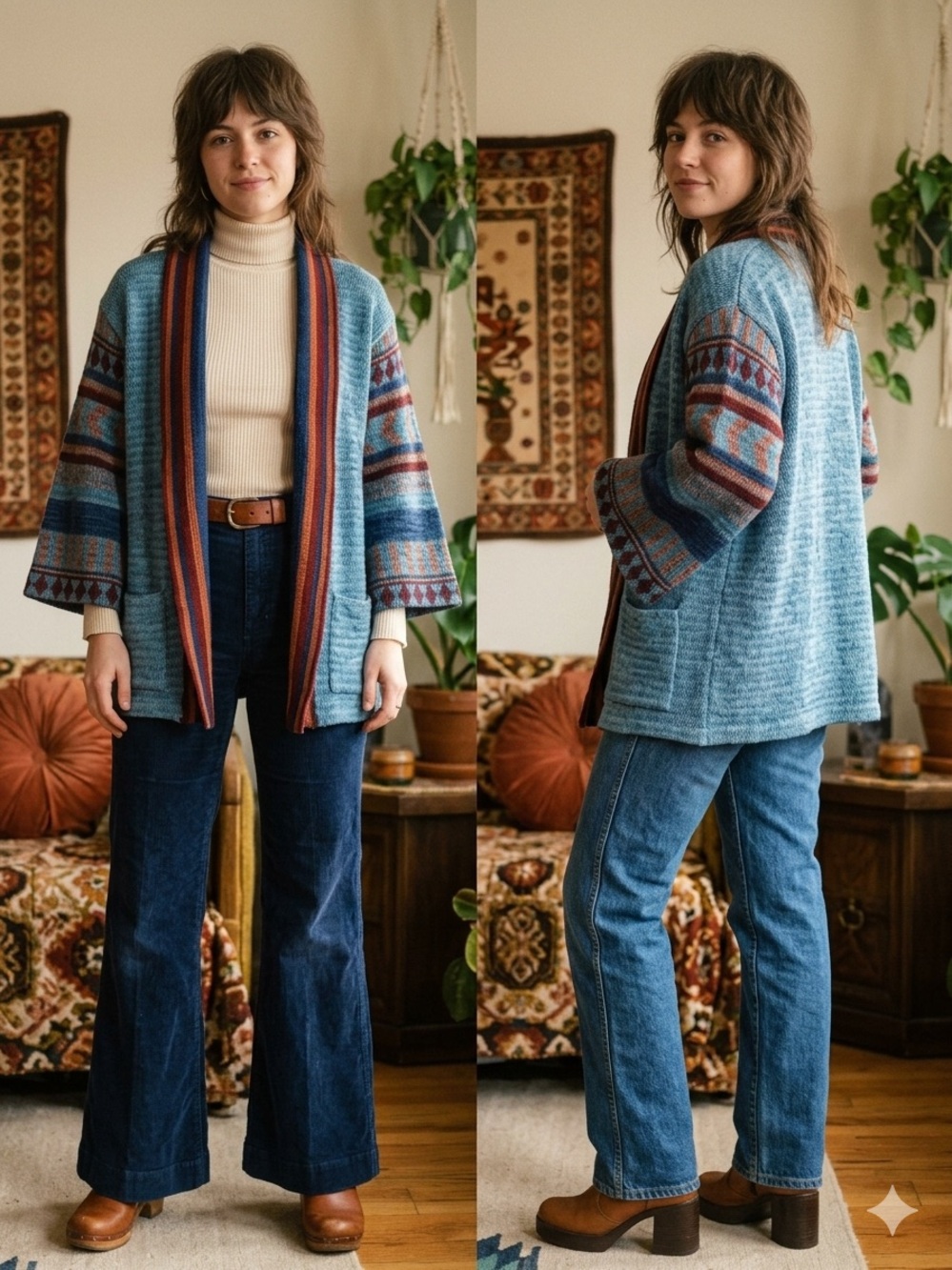Vintage 70s LeRoy Knit Cardigan Sweater | Blue Patterned Bell Sleeves Open Front